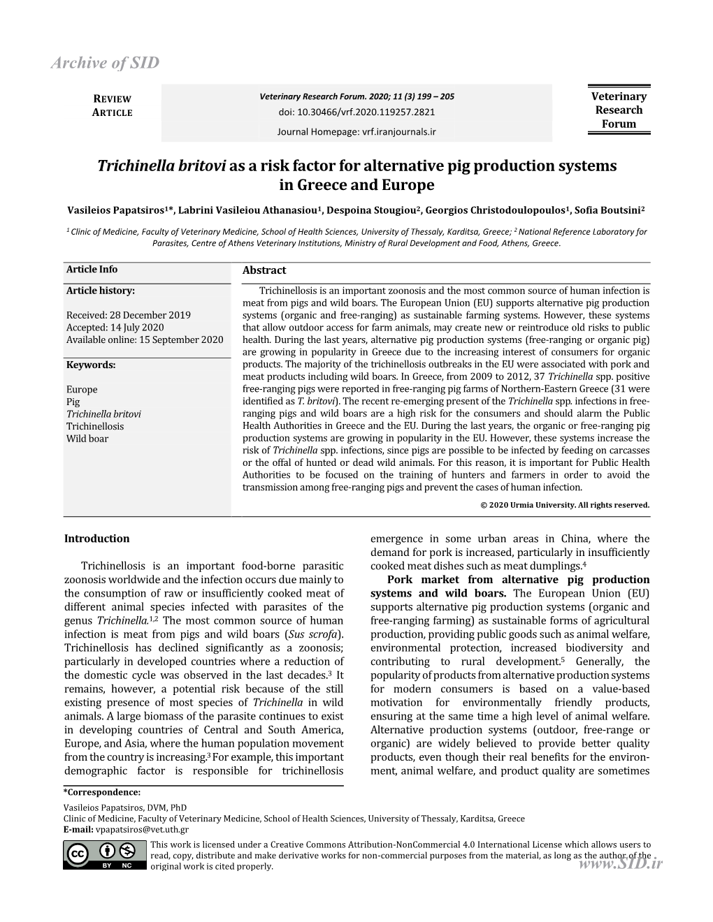 Trichinella Britovi As a Risk Factor for Alternative Pig Production Systems in Greece and Europe