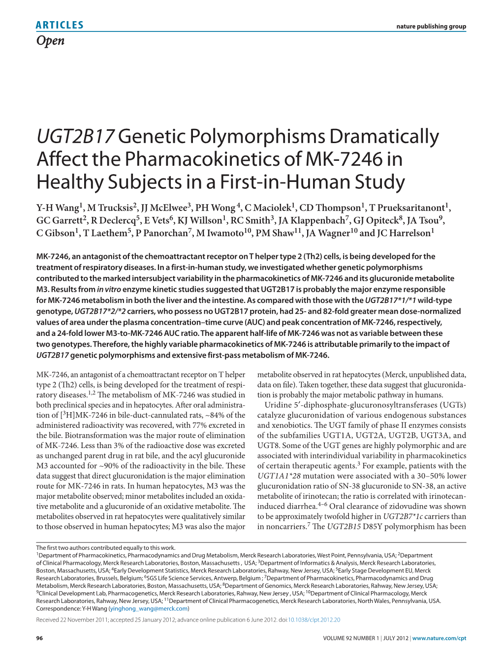 UGT2B17 Genetic Polymorphisms Dramatically Affect the Pharmacokinetics of MK-7246 in Healthy Subjects in a First-In-Human Study