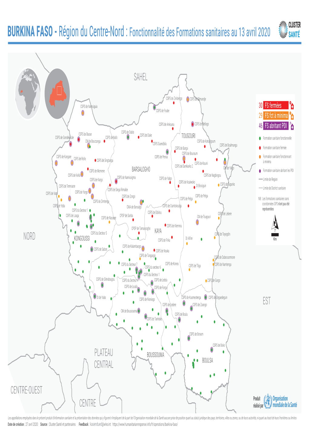 BURKINA FASO - Région Du Centre-Nord : Fonctionnalité Des Formations Sanitaires Au 13 Avril 2020 SANTÉ