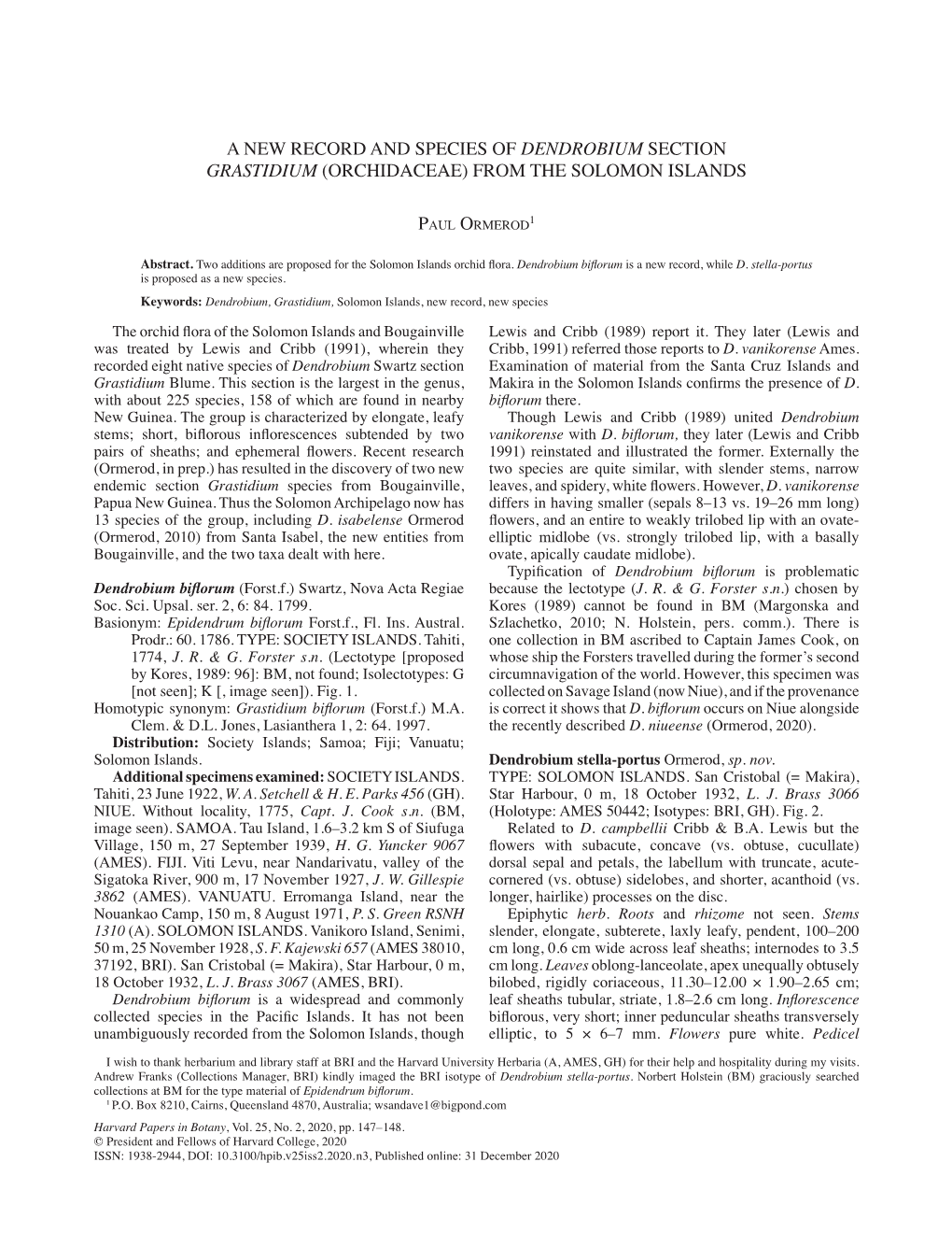 A New Record and Species of Dendrobium Section Grastidium (Orchidaceae) from the Solomon Islands