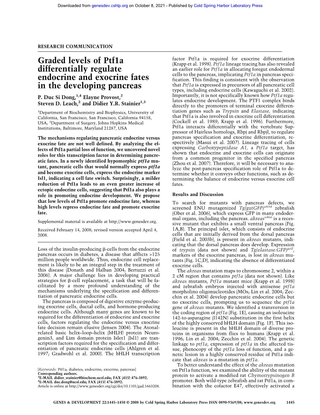 Graded Levels of Ptf1a Differentially Regulate Endocrine and Exocrine Fates in the Developing Pancreas