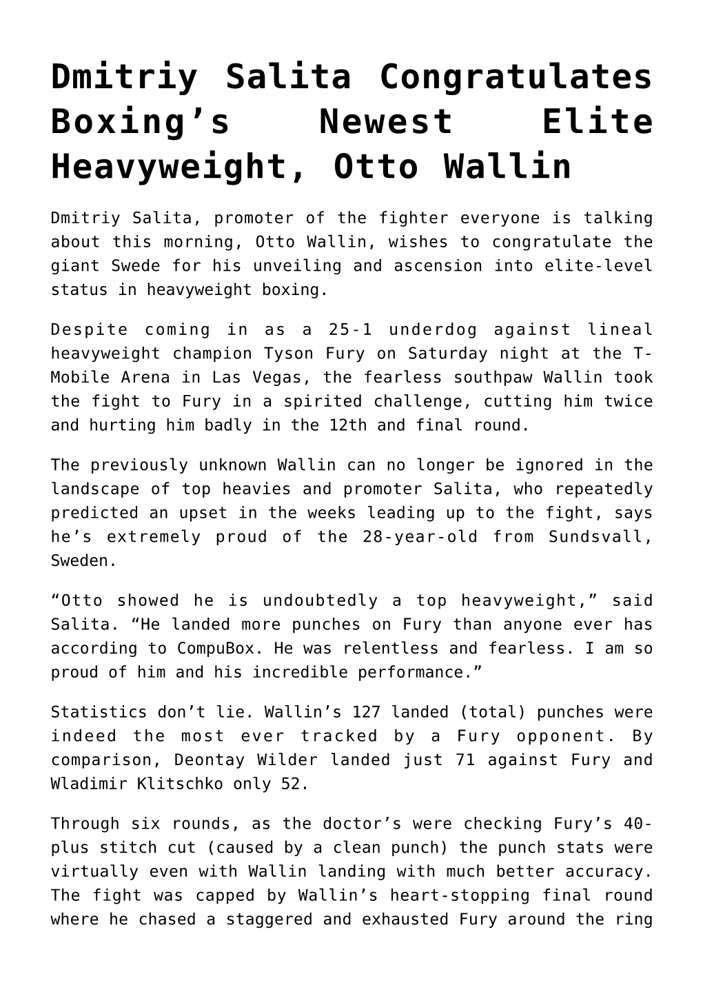 Dmitriy Salita Congratulates Boxing's Newest Elite Heavyweight, Otto Wallin