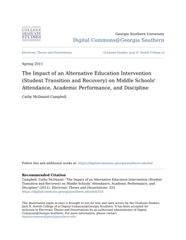 The Impact of an Alternative Education Intervention (Student Transition and Recovery) on Middle Schools' Attendance, Academic Performance, and Discipline