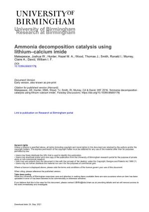 University of Birmingham Ammonia Decomposition Catalysis Using