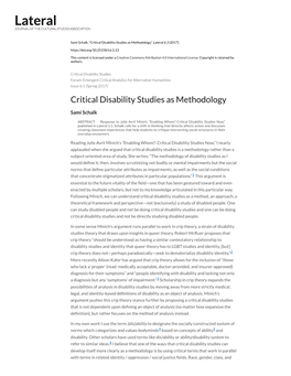 Critical Disability Studies As Methodology," Lateral 6.1 (2017)