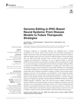 Genome Editing in Ipsc-Based Neural Systems: from Disease Models to Future Therapeutic Strategies