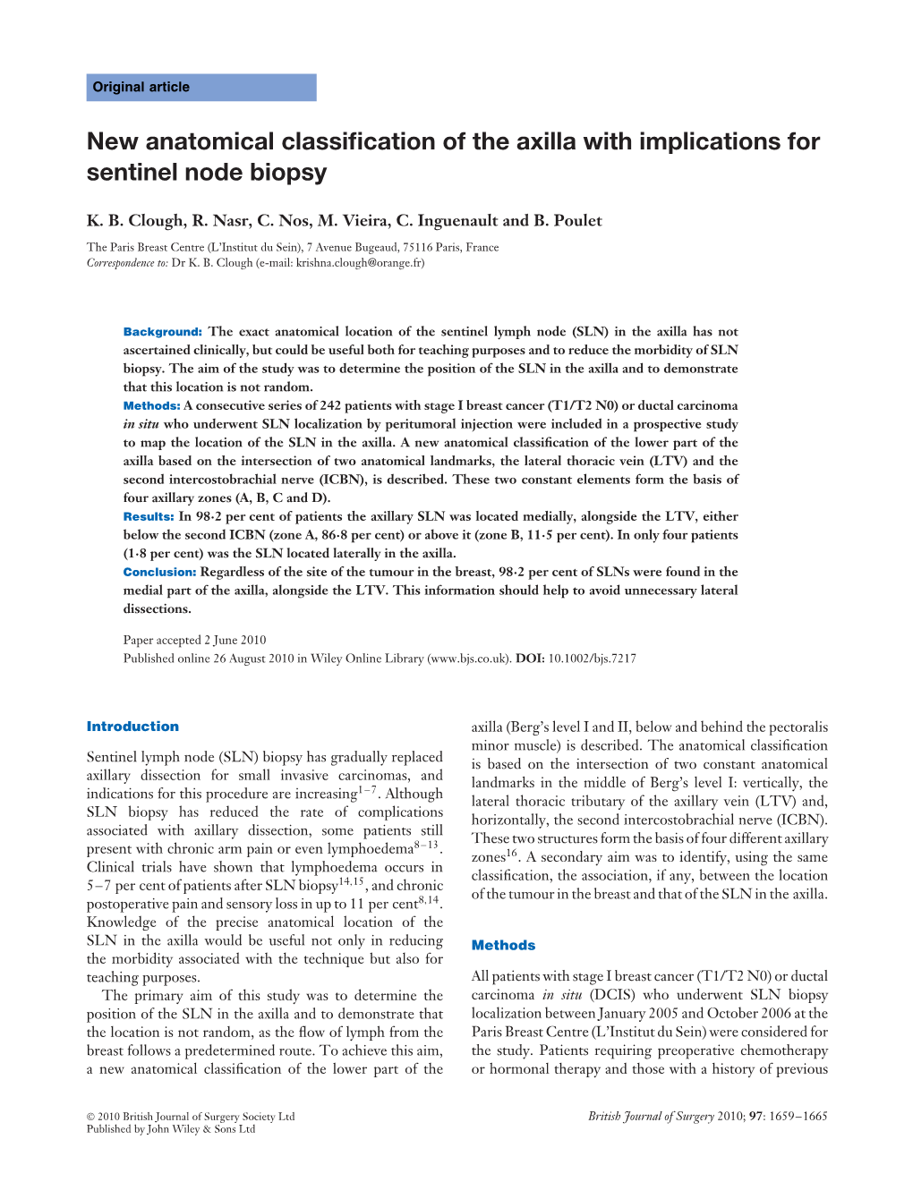 New Anatomical Classification of the Axilla with Implications for Sentinel