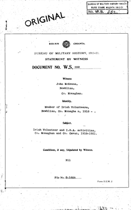 ROINN COSANTA. BUREAU of MILITARY HISTORY, 1913-21. STATEMENT by WITNESS DOCUMENT NO. W.S. 552 Witness John Mckenna, Newbliss, C