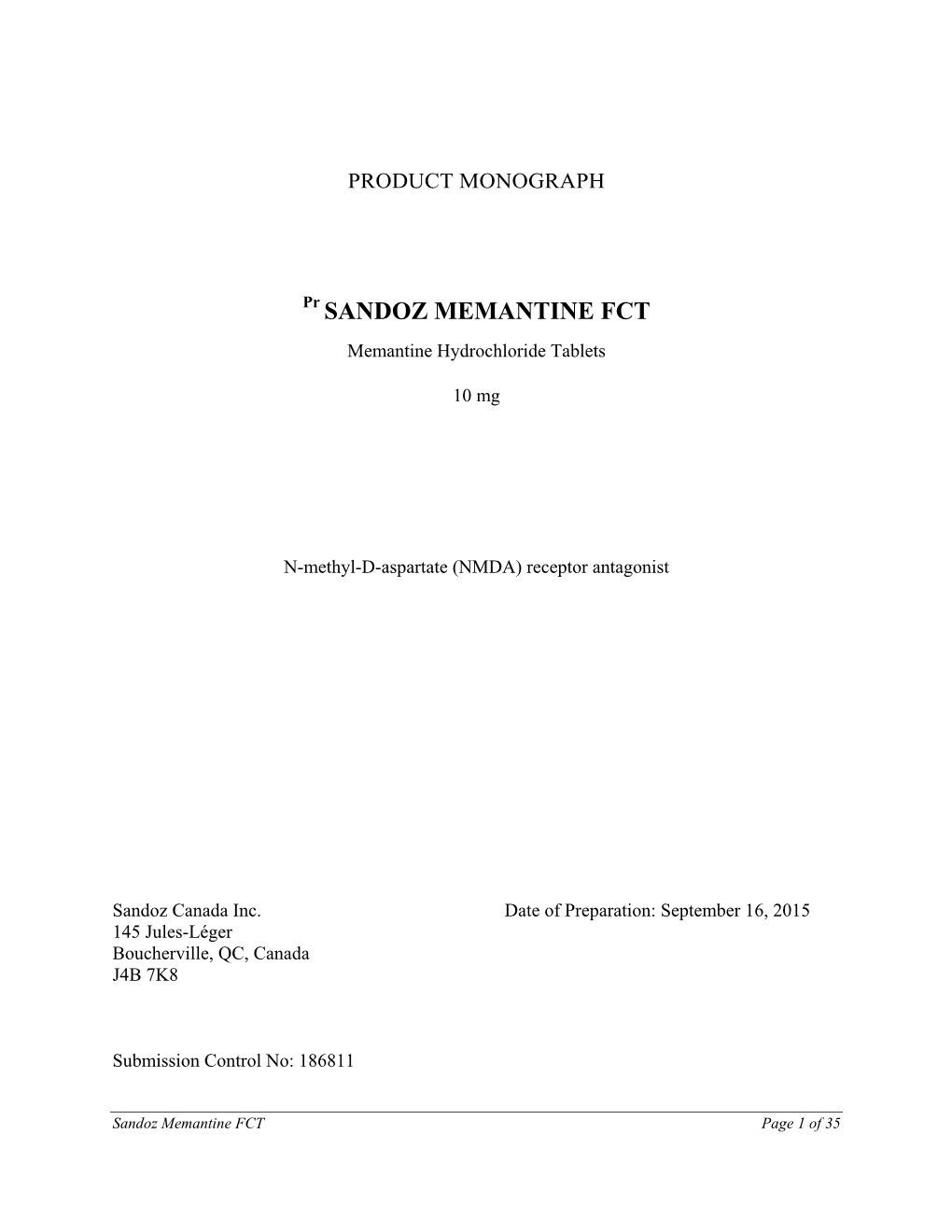 Pr SANDOZ MEMANTINE FCT Memantine Hydrochloride Tablets