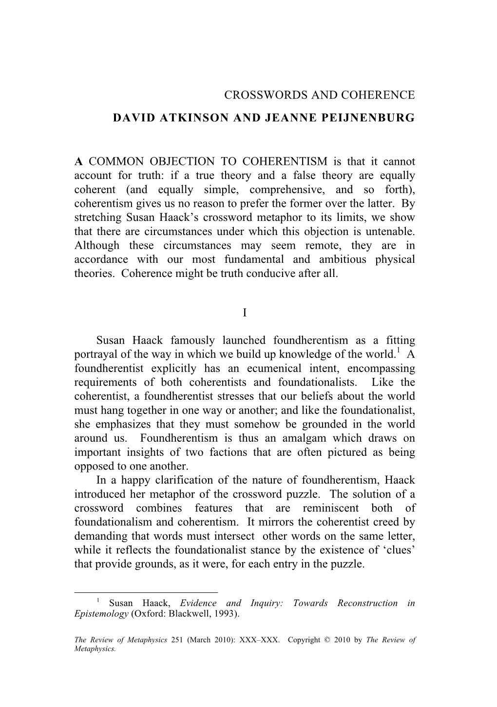 Crosswords and Coherence David Atkinson and Jeanne Peijnenburg