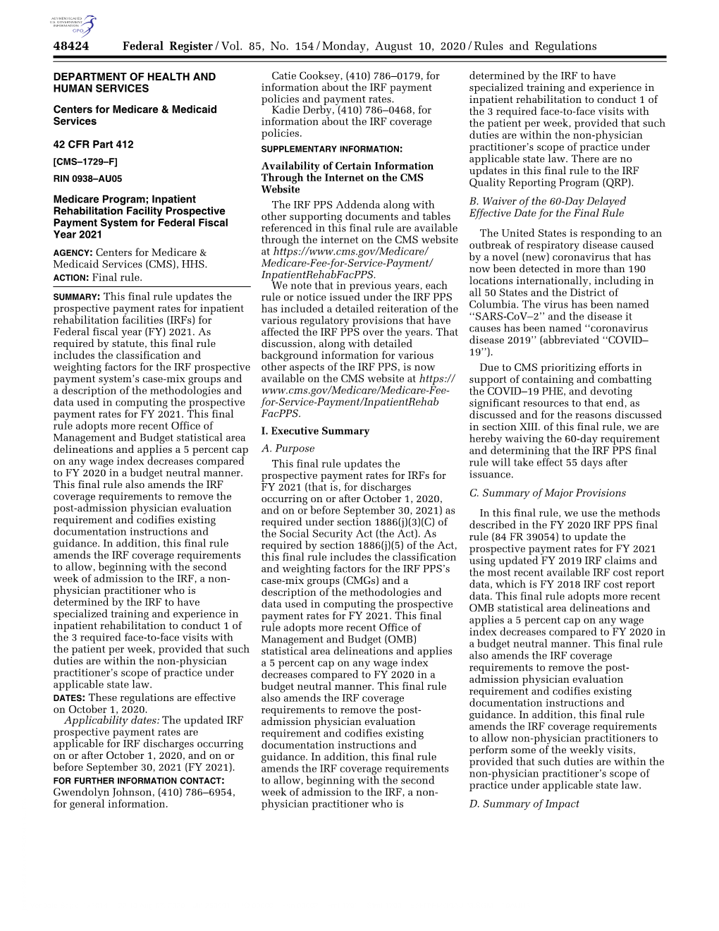 Federal Register/Vol. 85, No. 154/Monday, August 10, 2020