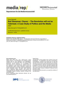 Rod Stoneman: Chavez – the Revolution Will Not Be Televised. a Case Study of Politics and the Media 2009