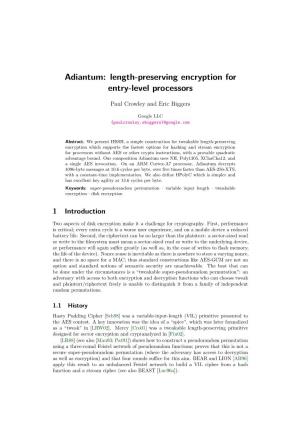 Adiantum: Length-Preserving Encryption for Entry-Level Processors