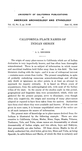 California Place Names of Indian Origin, 1916