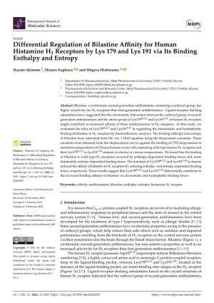 Differential Regulation of Bilastine Affinity for Human Histamine H1