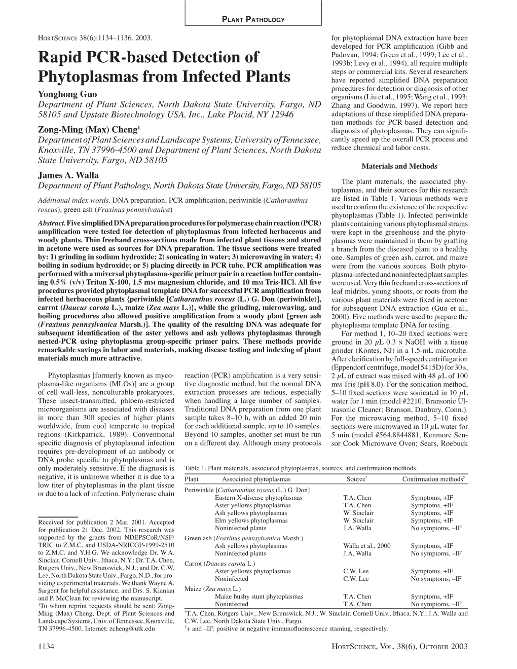 Rapid PCR-Based Detection of Phytoplasmas from Infected Plants