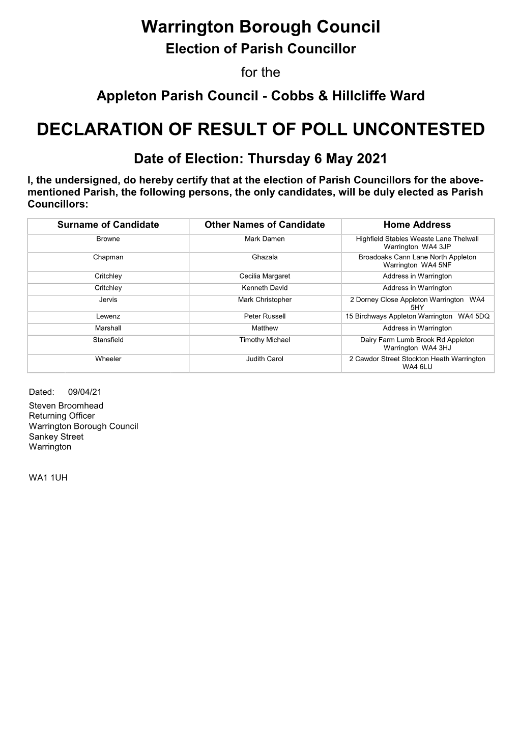 Declaration of Result of Poll Uncontested