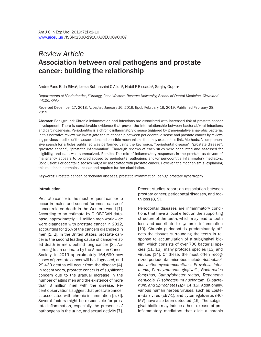 Review Article Association Between Oral Pathogens and Prostate Cancer: Building the Relationship