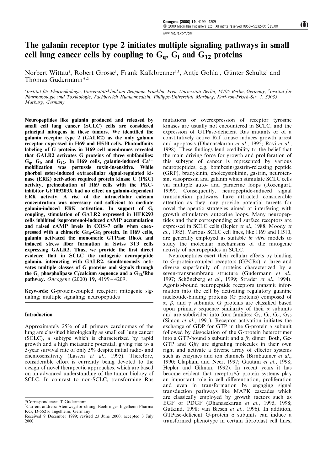 The Galanin Receptor Type 2 Initiates Multiple Signaling Pathways in Small Cell Lung Cancer Cells by Coupling to Gq, Gi And