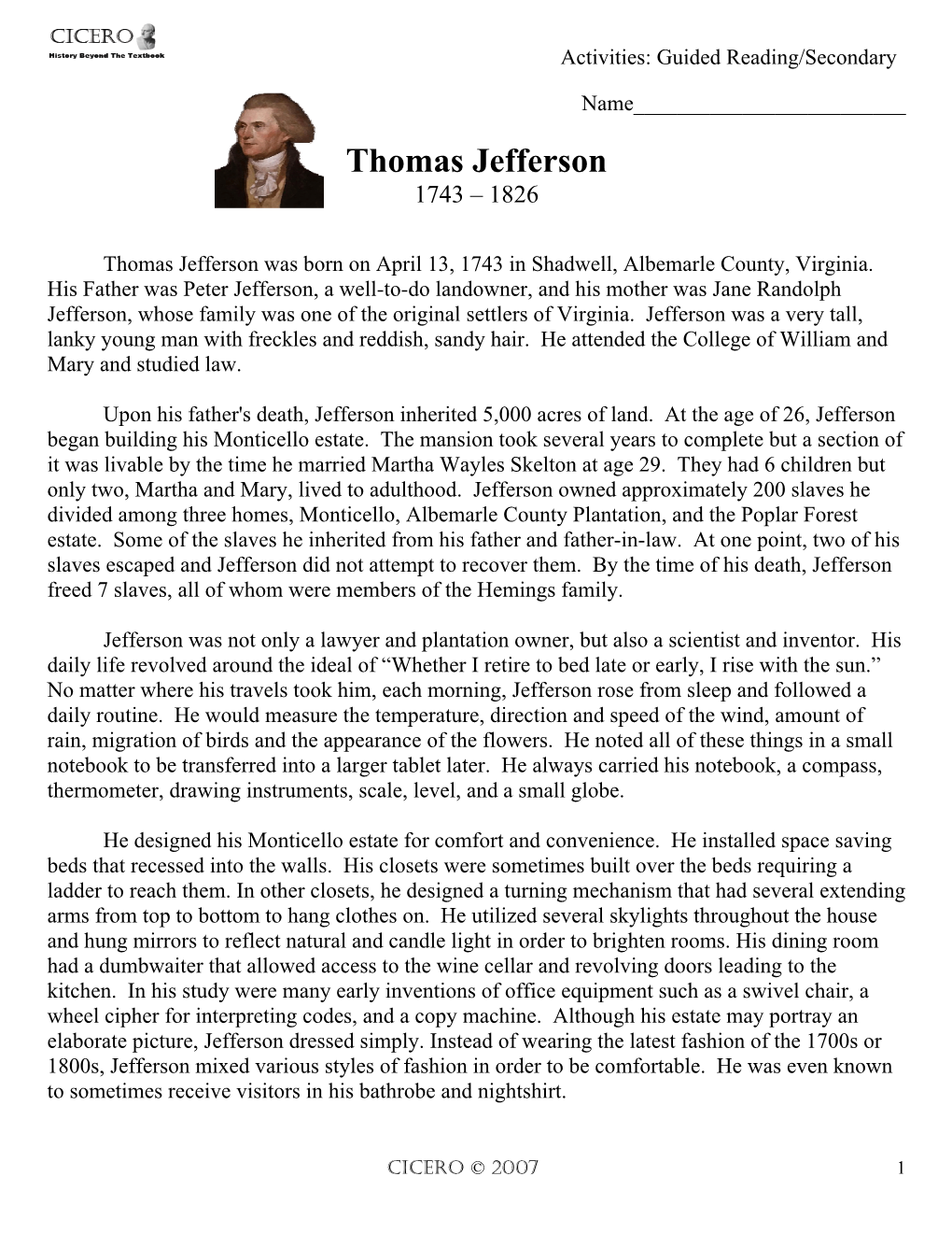 Thomas Jefferson Biography Guided Reading