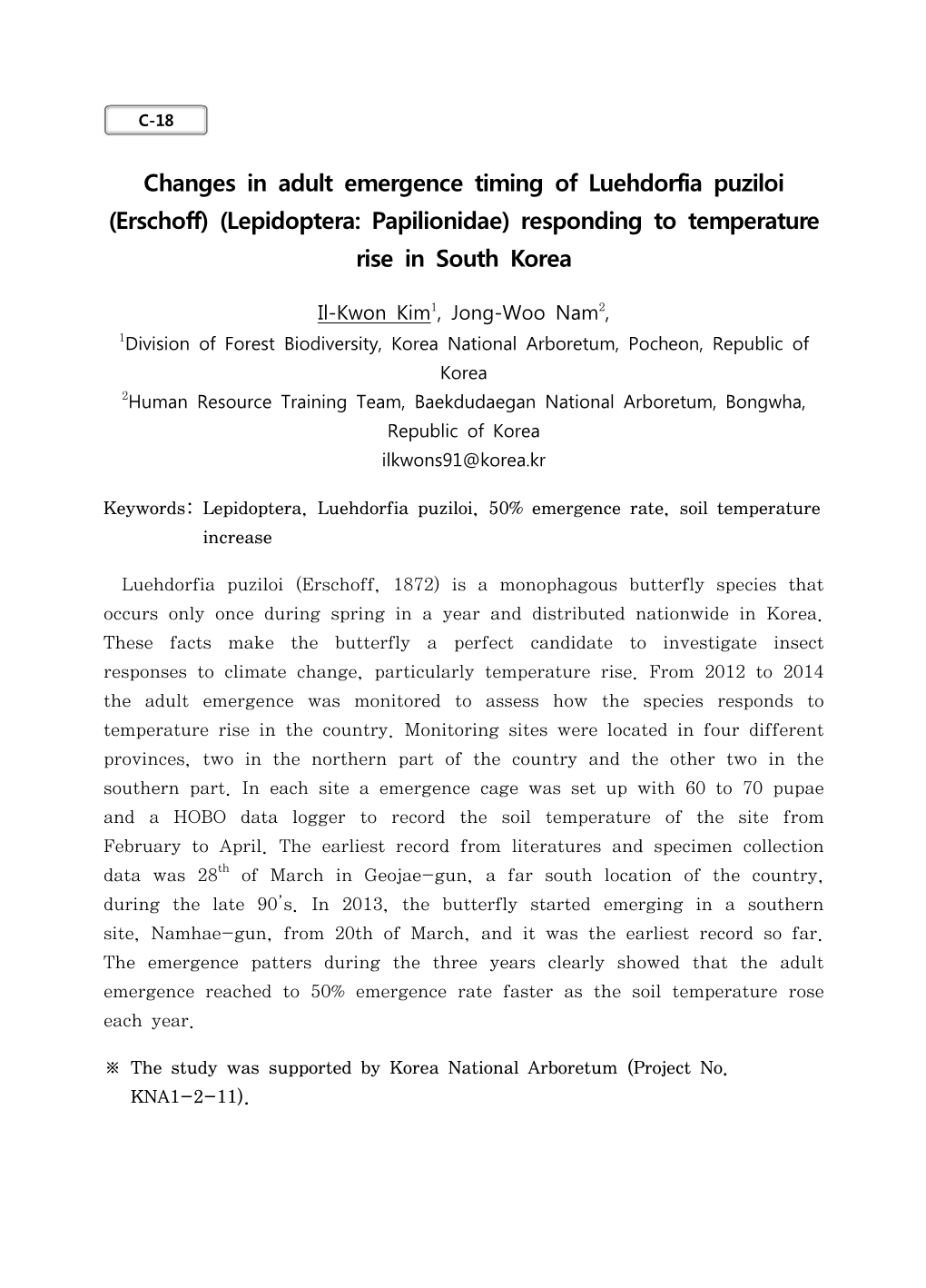 Changes in Adult Emergence Timing of Luehdorfia Puziloi (Erschoff) (Lepidoptera: Papilionidae) Responding to Temperature Rise in South Korea