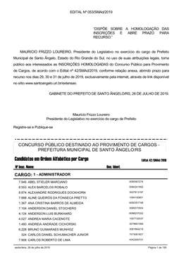 Candidatos Em Ordem Alfabética Por Cargo Edital: 42/Smad/2019 Nº Insc