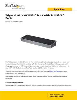 Triple Monitor 4K USB-C Dock with 5X USB 3.0 Ports