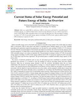 Current Status of Solar Energy Potential and Future Energy of India: an Overview Mr