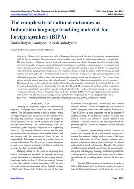 The Complexity of Cultural Outcomes As Indonesian Language Teaching Material for Foreign Speakers (BIPA) Gustia Haryati, Andayani, Atikah Anindyarini