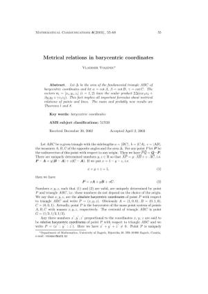 Metrical Relations in Barycentric Coordinates
