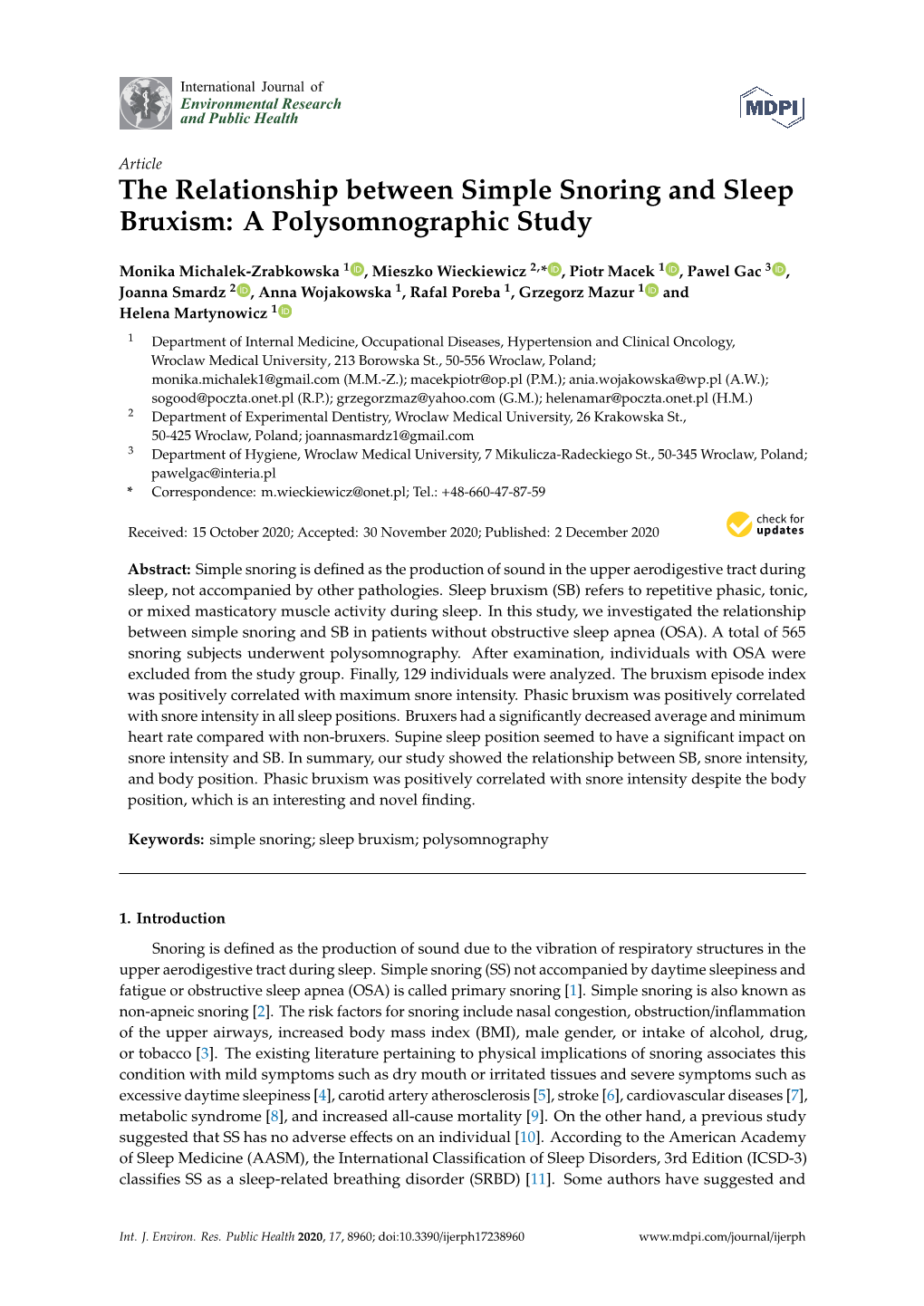 The Relationship Between Simple Snoring and Sleep Bruxism: a Polysomnographic Study