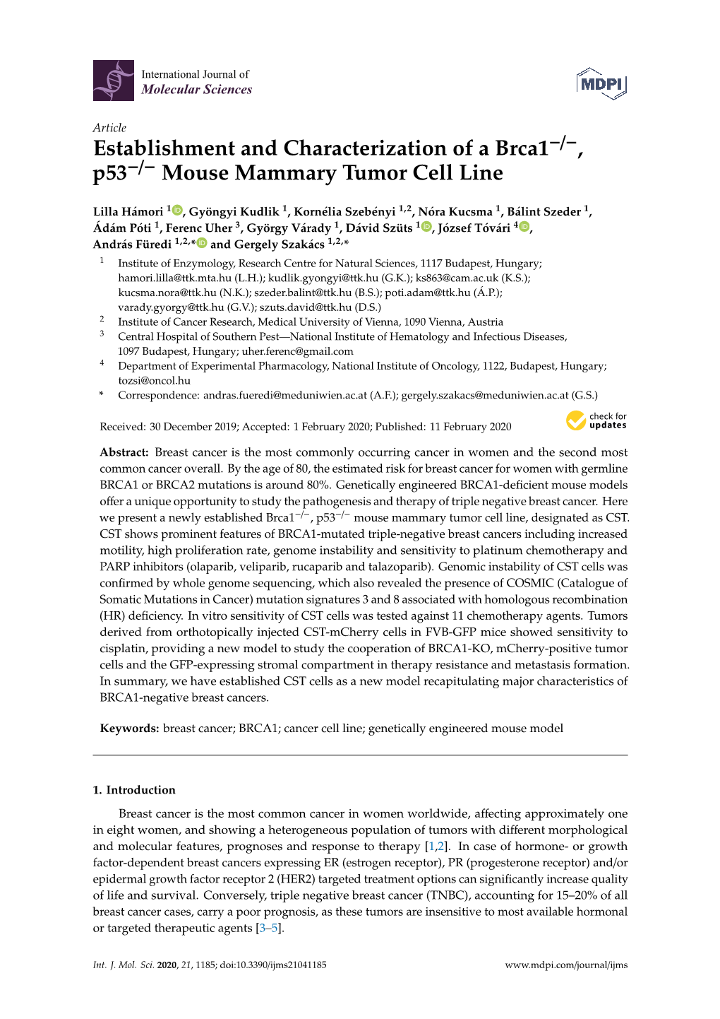 Establishment and Characterization of a Brca1 , P53 Mouse Mammary