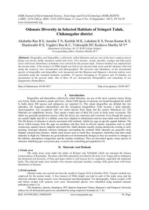 Odonate Diversity in Selected Habitats of Sringeri Taluk, Chikmagalur District