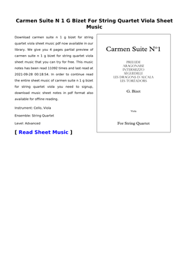 Carmen Suite N 1 G Bizet for String Quartet Viola Sheet Music
