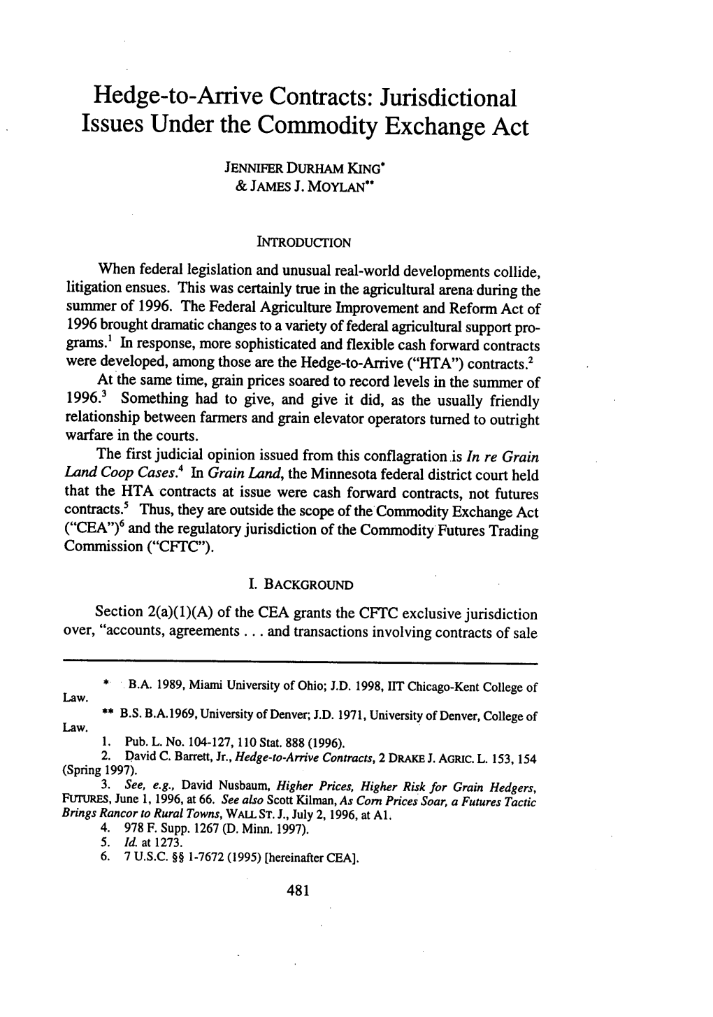 Hedge-To-Arrive Contracts: Jurisdictional Issues Under the Commodity Exchange Act