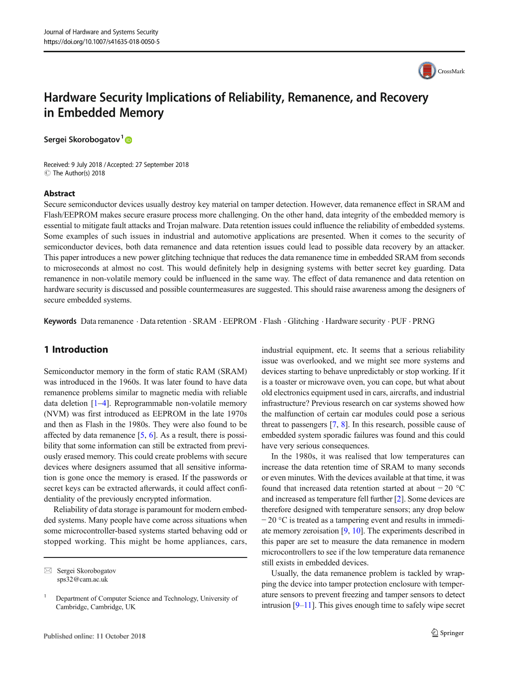 Hardware Security Implications of Reliability, Remanence, and Recovery in Embedded Memory