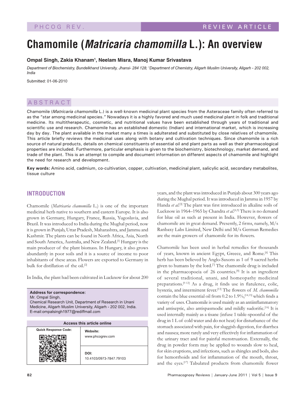 Chamomile (Matricaria Chamomilla L.): an Overview