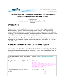 Introduction Without a Vector Calculus Coordinate System