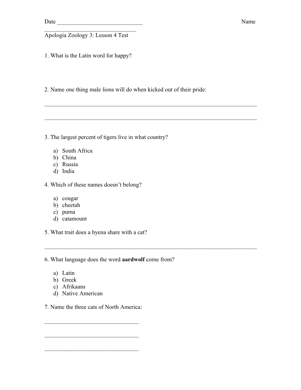 Apologia Zoology 3: Lesson 4 Test