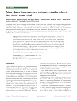 Primary Breast Leiomyosarcoma and Synchronous Homolateral Lung Cancer: a Case Report