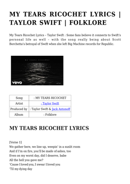 My Tears Ricochet Lyrics | Taylor Swift | Folklore