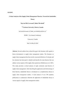 015-0545 Critical Analysis of the Supply Chain Management Theories