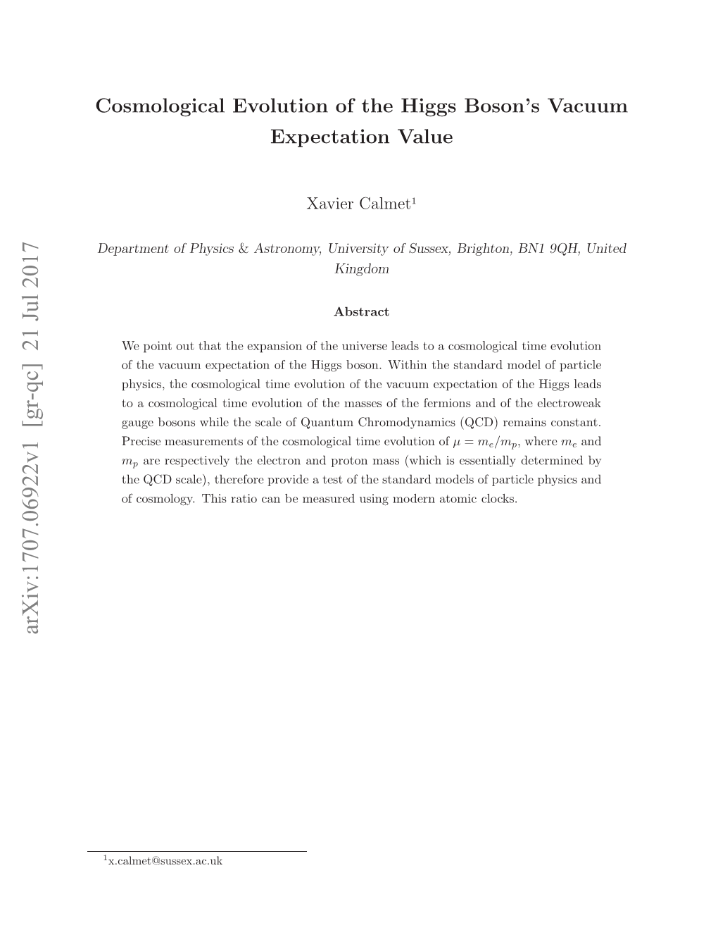 Cosmological Evolution of the Higgs Boson's Vacuum Expectation Value