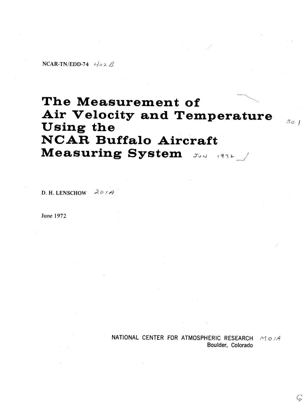 NCAR-TN/EDD-74 the Measurement of Air Velocity and Temperature