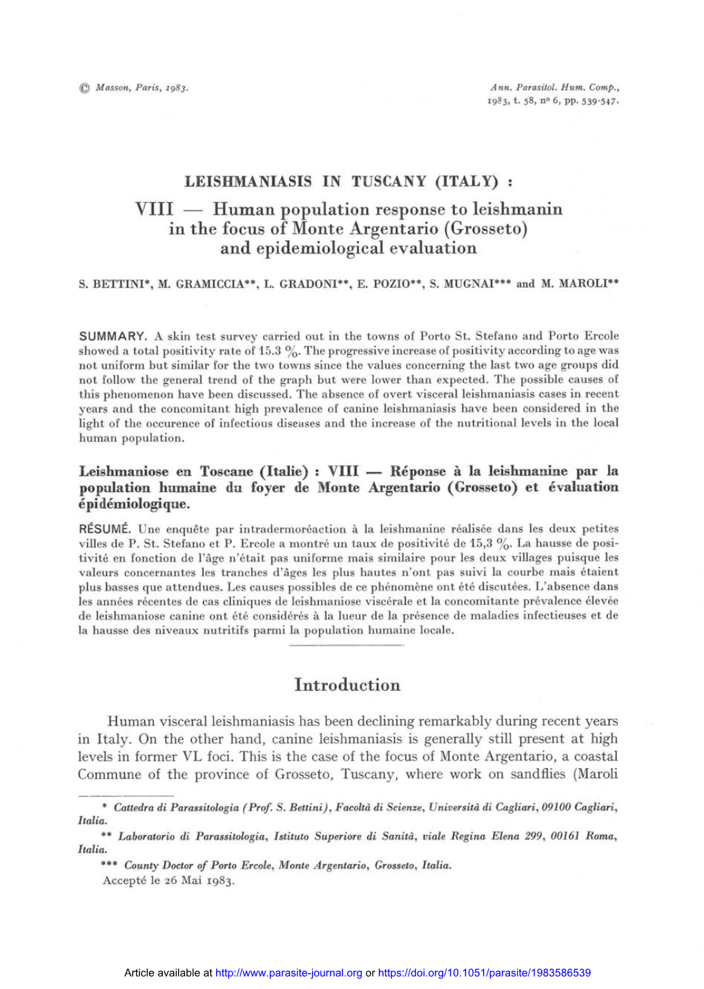 LEISHMANIASIS in TUSCANY (ITALY) : VI I I — Human Population Response to Leishmanin in the Focus of Monte Argentario (Grosseto) and Epidemiological Evaluation