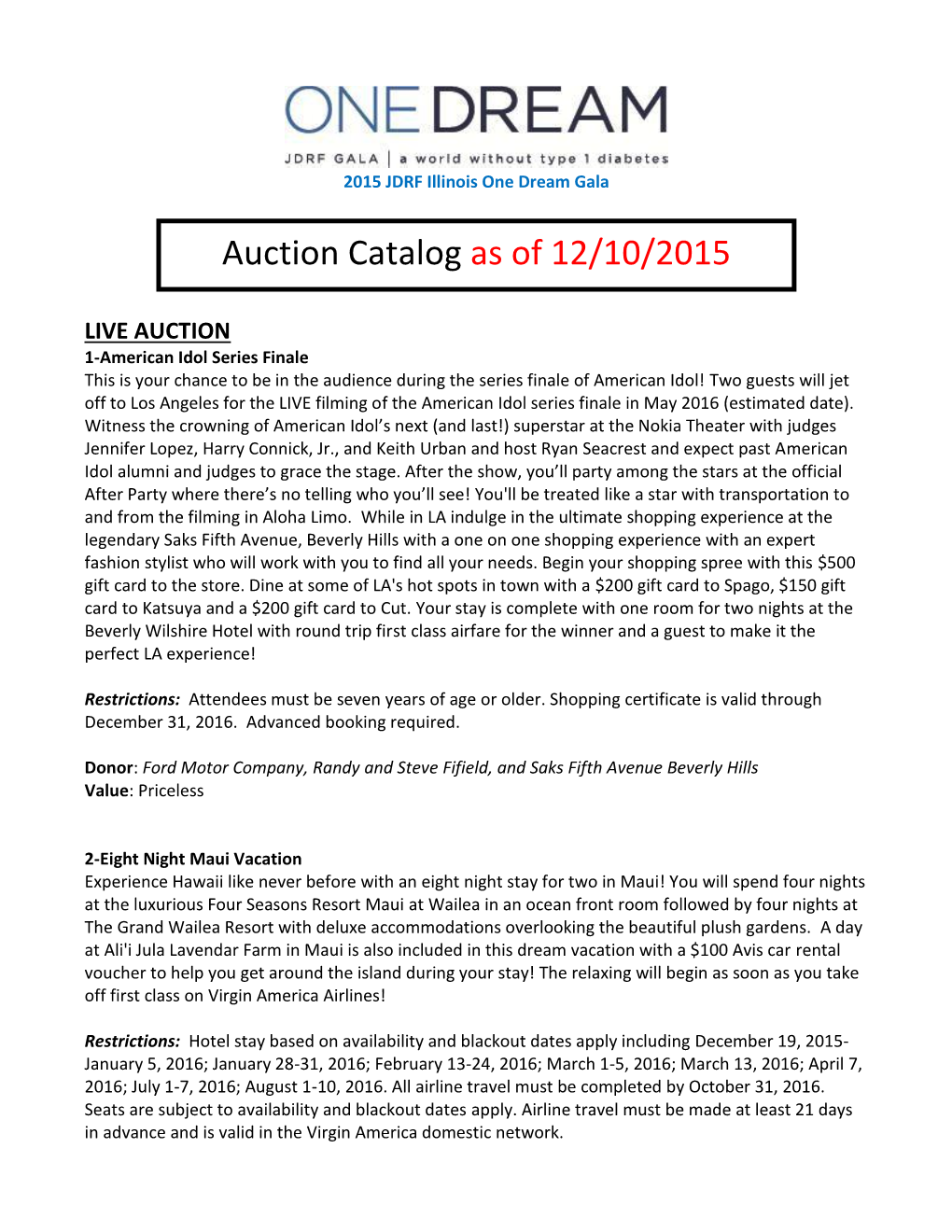 Auction Catalog As of 12/10/2015