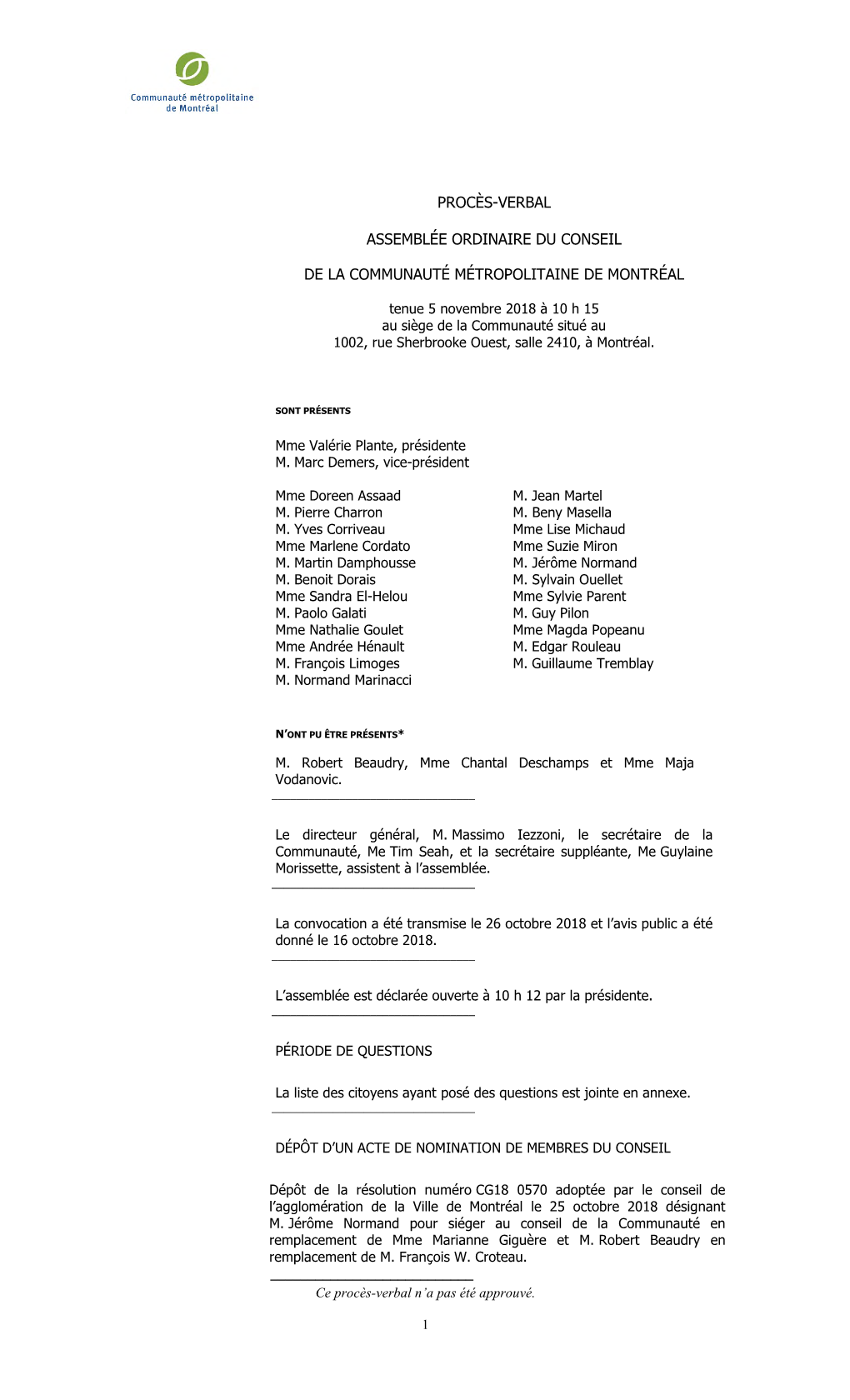 Procès-Verbal De L'assemblée Ordinaire Du Conseil Du 5