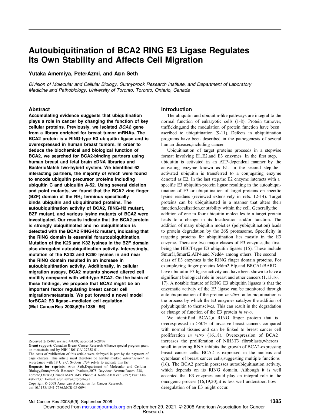 Autoubiquitination of BCA2 RING E3 Ligase Regulates Its Own Stability and Affects Cell Migration