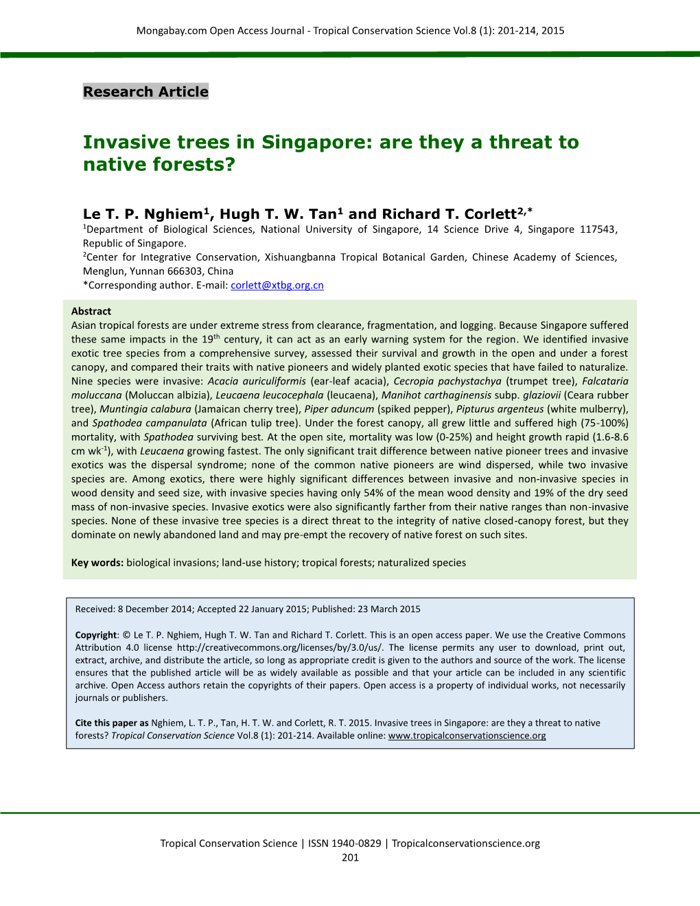 Invasive Trees in Singapore: Are They a Threat to Native Forests?