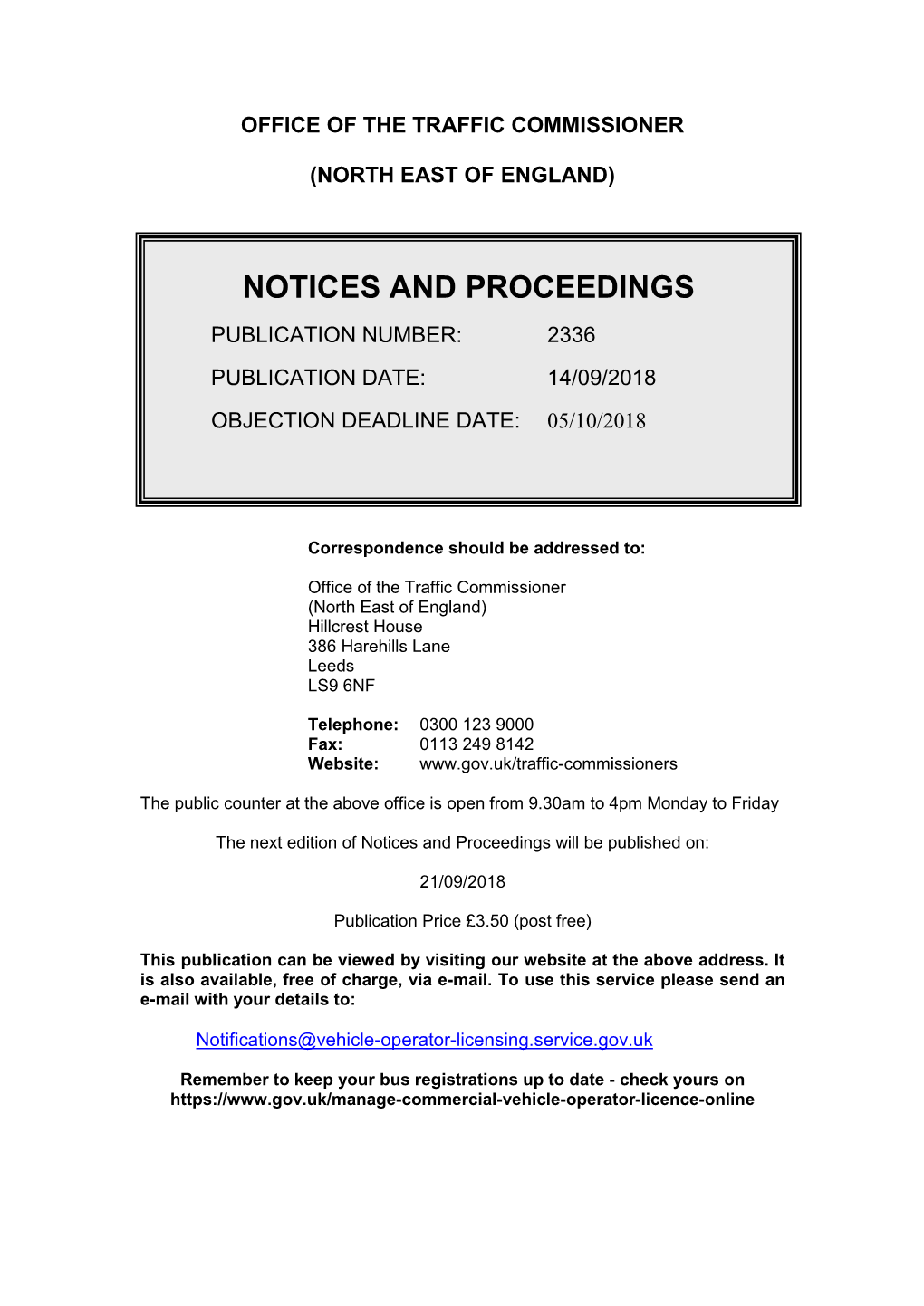 Notices and Porceedings for the North East of England